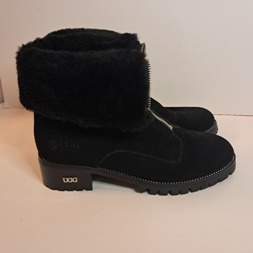 UGG Boots Women's 8 Fold Ankle Sheepskin Zippers Suede Fur Cozy Winter Luxury